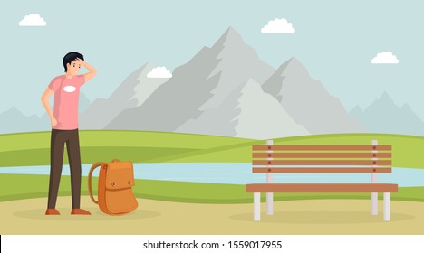 Tired man hiking vector illustration. Male traveller with backpack, mountain landscape with lake on background. Tourist, young guy with sweat on forehead, backpacker, hiker on nature