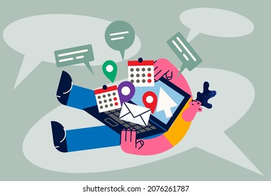 Tired man hold laptop distressed with numerous notifications on gadget. Exhausted guy frustrated with workload on computer. Newsletter and spam online. Overwork. Flat vector illustration. 