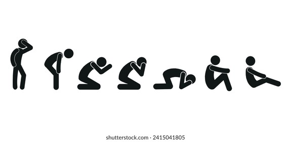  tired man icon, resting man figurine, isolated human silhouettes, pictogram of a human figure in different poses, flat design style
