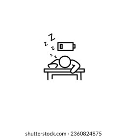 Tired man icon with sleep emotion and low energy battery vector image.Tired person in the workplace, tiredness or burnout icon, low level energy in work battery, exhausted and sleepy man vector icon.