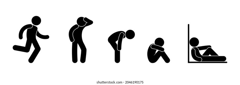 tired man icon, stick figure people resting, isolated human silhouettes, running man stopped