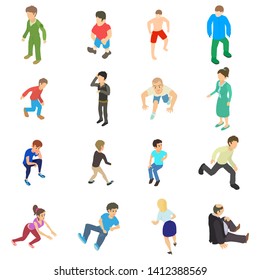 Tired man icons set. Isometric set of 16 tired man vector icons for web isolated on white background