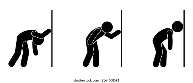 Tired Man Leans On The Wall, People Rest, Stickman Leaned Over, Exhaustion Illustration, Stick Figure Icon