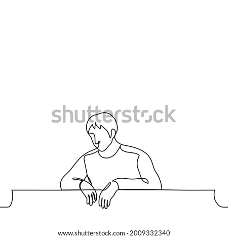 tired man looks down from above leaning on the balcony railing - one line drawing. the man is jealous of the people passing by outside. the concept of tired isolation, angry at the neighbors 