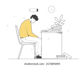 Tired Man With Low Battery Above Head. Tired Student Fell Asleep Over A Book. Mental Strain, Professional Burnout Syndrome. Outline Illustration