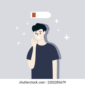 Tired man with low battery above head. Sleepy boy with dark circles under eyes yawning. Burnout, mental health, insomnia problem concept. Flat vector design illustration.