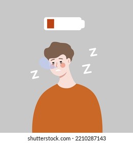 Tired man with low battery above head. Sleepy Boy with dark circles under eyes falling asleep. Burnout, energy, overwork, heavy workload, lifestyle concept. Flat cartoon vector design illustration.