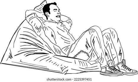 Tired Man in lying on a bean bag vector and illustration, Full body photo of positive young happy man lie bean bag sketch drawing, bean bag clipart and silhouette