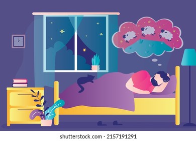 Tired Man Mentally Counts Sheep To Fall Asleep. Male Character Suffering From Insomnia. Sad Guy With Mental Sleep Disorder. Bedroom Interior Design. Sleeplessness Concept. Flat Vector Illustration