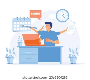 A Tired Man Missing Deadline. An Office Worker Overwhelmed by Work. flat vector modern illustration  