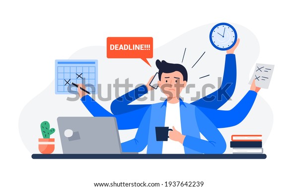 A Tired Man\
Missing Deadline. An Office Worker Overwhelmed by Work, Reports,\
and Calls. Vector Flat\
Illustration.
