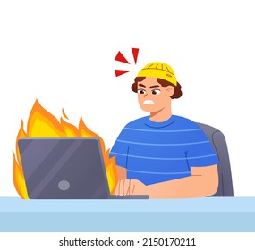 A Tired Man Missing Deadline. Person work hard at computer. Burning deadline concept. An Office Worker Overwhelmed by Work, Reports, and Calls. Vector Flat Illustration. working in rush at desktop. 
