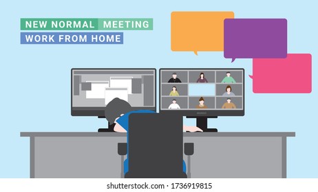 Tired man is napping while meeting by video conference. New normal lifestyle after pandemic covid-19 corona virus is work from home. Using computer for chatting and working. Flat style design concept.