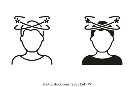 Tired Man with Nausea Symbol Collection. Migraine, Dizziness, Headache, Distracted Head Line and Silhouette Black Icon Set. Man Feel Dizzy Pictogram. Isolated Vector Illustration.