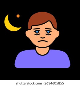 Ícone de homem cansado à noite. Lua crescente ao fundo, olhos com olheiras, falta de sono.