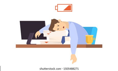 Tired man in the office. Employee with lack of energy. Battery low, worker sleep on the desk. Isolated flat vector illustration