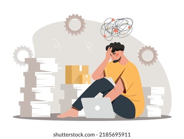 Tired man at office. Man with laptop sits near stacks of papers, overworked guy. Emotional burnout and low energy levels. Deadline pressure and poor time management. Cartoon flat vector illustration