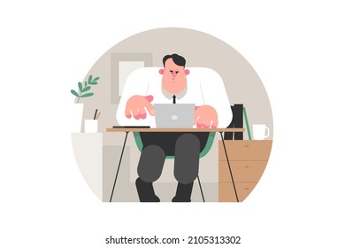Tired man in office vector illustration. Concentrated exhausted worker typing on laptop flat style. Employee busy with work. Business and job concept. Isolated on white background