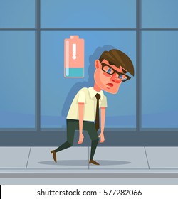 Tired man office worker character has no energy. Vector flat cartoon illustration