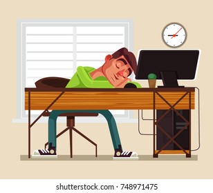 Tired man office worker character sleeping on workplace. Vector flat cartoon illustration