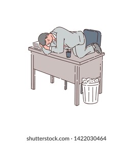 A tired man is an office worker, employee or businessman sleeping on an office table because of insomnia. Flat vector illustration in cartoon style.