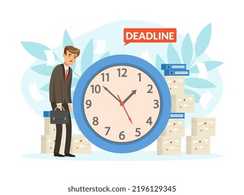 Tired Man Office Worker with Sad Face Having Urgent Deadline and Loads of Paperwork Vector Illustration