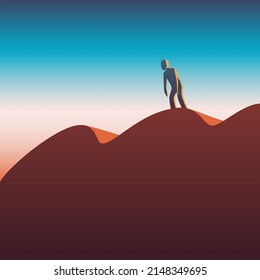 A tired man on top of a dune. Vector design.