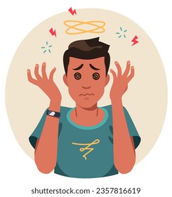 Tired man person dizziness problem. Sick dizzy guy with spin symbol over head having headache and vertigo illness symptoms. Stress migraine disease, health care concept flat vector illustration