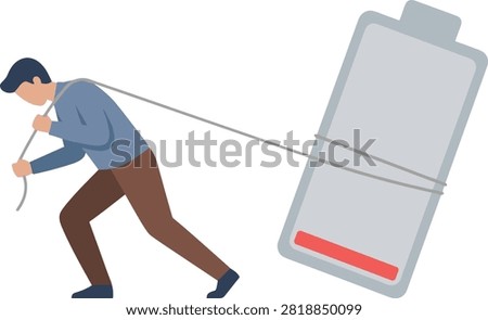 Tired man pulling a giant low battery symbol with a rope. Flat illustration of a man struggling to pull a massive battery with a red low energy indicator on a gray background. Ideal for health blogs or articles about professional burnout and fatigue.