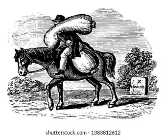 A tired man is putting a heavy load on his shoulder sitting on horse and he is trying to give some relief to his tired horse, vintage line drawing or engraving illustration.