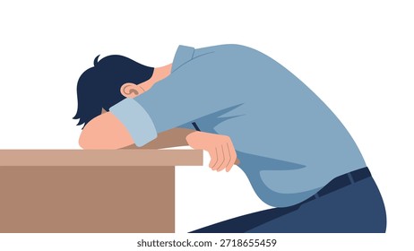 Um homem cansado descansa a cabeça sobre uma mesa expressando fadiga