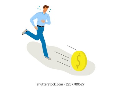 Tired man runs for dollar. Hard earnings concept. Flat cartoon vector illustration of working hard or losing money from inflation, recession.