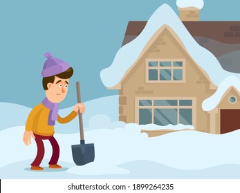 A tired man with a shovel looks at the house covered with snow. Guy shovel the snow from the yard and road. Vector illustration, flat design, cartoon style.