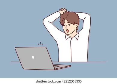 Tired man sit at table work on computer yawning. Exhausted male overwhelmed with laptop job in office. Overwork and fatigue. Vector illustration. 