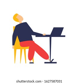 Tired man sitting at a laptop, a lot of work. Flat style vector illustration.