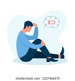 Hombre cansado sentado con una batería baja en sus pensamientos. Burnout emocional, trastorno mental, problemas de salud mental, agotamiento, estrés, crisis, síndrome de burnout, concepto de problemas en el trabajo.