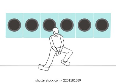 Tired Man Sitting On Floor In Laundry Room Behind Many Washing Machines - One Line Drawing Vector. Concept Hate Laundry, Get Tired Of Working In The Laundry, There Is Not Enough Money For Laundry