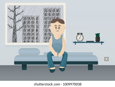 Tired man sitting on his bed. Rain outside the window. Vector flat design.