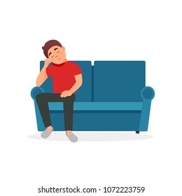 Tired man sitting on the sofa vector Illustration on a white background