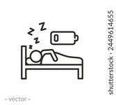 tired man sleep on bed icon, battery person energy charging, night rest and recovery,  low charge human, thin line symbol on white background - vector illustration