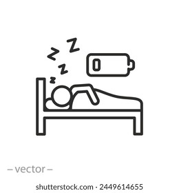 hombre cansado dormir en la cama icono, persona de la batería de carga de energía, descanso nocturno y recuperación, bajo Recargo humano, línea delgada símbolo en el fondo blanco - Ilustración vectorial