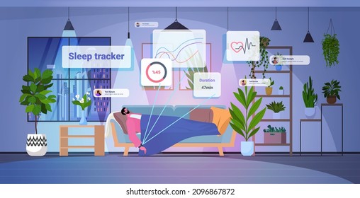 tired man sleeping with electronic smart watch app tracker on hand quality and quantity sleep control concept