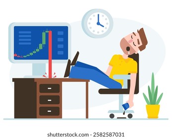 A tired man is sleeping in front of a graph of a market crash on a monitor on his chair. The man was expecting to get rich and fell asleep. At this time, the chart went down. Vector illustration.