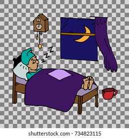 Tired man sleeping in his bedroom. Hand drawn vector stock illustration. Transparent background