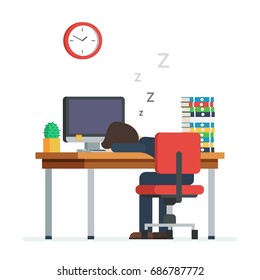 Tired man sleeping in the office sitting on a red chair behind the office Desk. Businessman working on the computer. Vector illustration in trendy flat design characters, isolated on white background