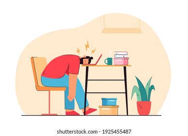 Tired man sleeping on laptop keyboard flat vector illustration. Cartoon exhausted male character on work. Professional burnout syndrome, tiredness and overload concept