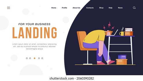 Tired man sleeping on laptop keyboard flat vector illustration. Cartoon exhausted male character on work. Professional burnout syndrome, tiredness and overload concept