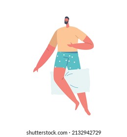 Tired Man Sleeping Pose on Back with Pillow Between Legs and Hand on Stomach. Peaceful Male Character Wear Pajama Sleep or Nap at Nighttime Isolated on White Background. Cartoon Vector Illustration