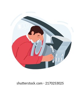 Tired Man Sleeping at Wheel Inside of Car. Sleepy Male Character Dozing While Driving as a Result of Insomnia and Lack of Sleep. Overworked Automobile Driver. Cartoon People Vector Illustration