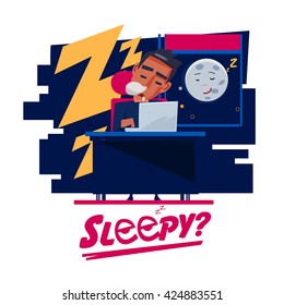 Tired man sleeping at work table. late night time - vector illustration